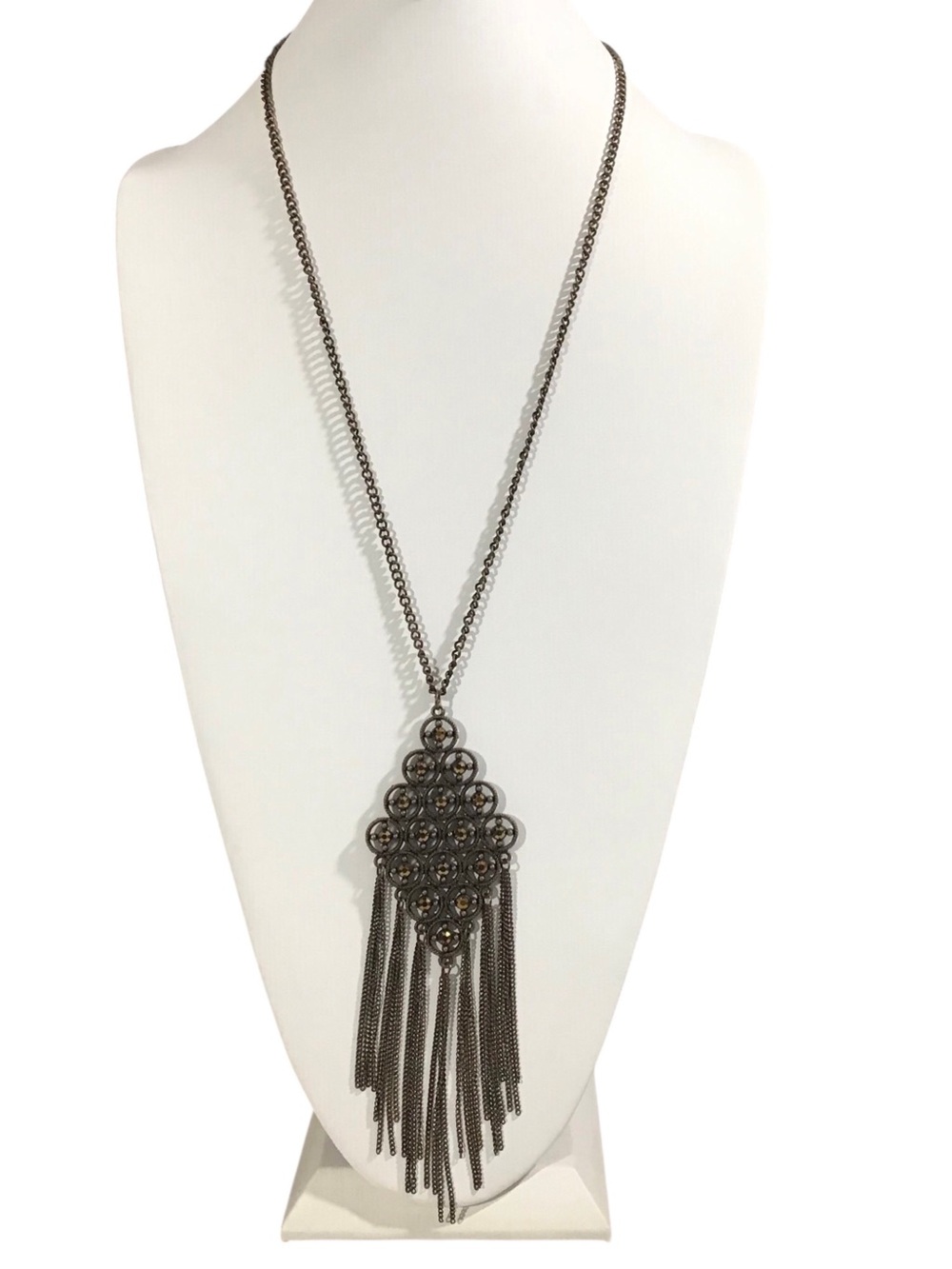 Statement Tassel Pendant Necklace Brass Tone Fashion Costume Jewelry Distressed